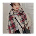 Fringed Tartan Plaid Knit Scarf Cream - One Size