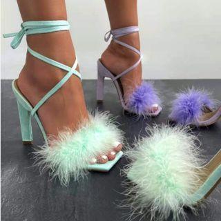Furry Lace Up High-heel Sandals