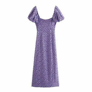 Slit Dotted Short-sleeve Midi A-line Dress