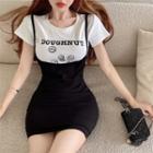 Short-sleeve Doughnut Print T-shirt / Overall Dress