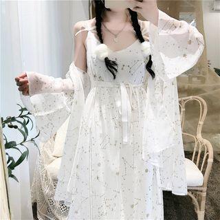 Star Print Spaghetti Strap Midi Dress / Star Print Open Front Light Jacket