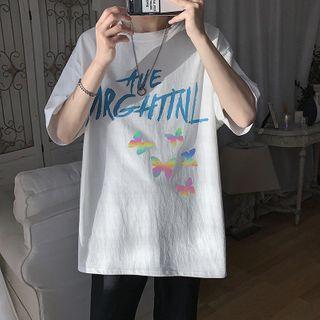 Elbow-sleeve Butterfly Printed Lettering T-shirt
