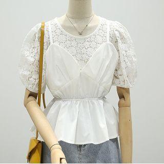 Puff-sleeve Mock Two-piece Lace Panel Blouse