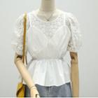 Puff-sleeve Mock Two-piece Lace Panel Blouse