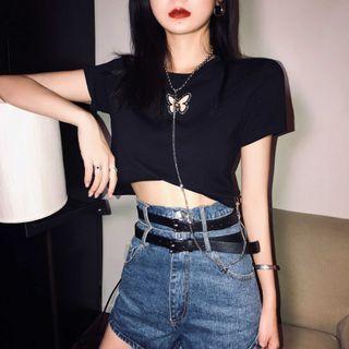 Butterfly Cutout Rhinestone Short-sleeve Cropped T-shirt