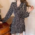 Long-sleeve V-neck Dotted Mini A-line Dress