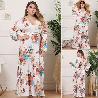 Long-sleeve Floral Printed Shift Dress