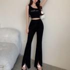 Lettering Crop Tank Top / High Waist Slit-hem Flared Pants