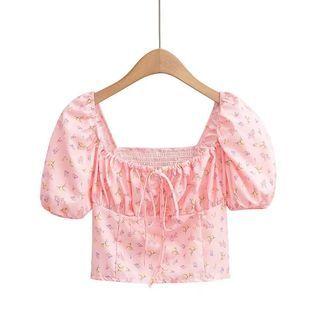 Short-sleeve Floral Blouse Floral - Pink - M