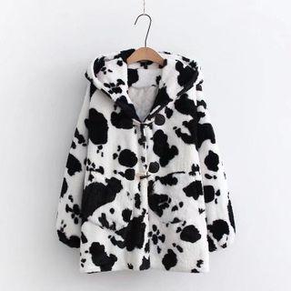 Milk Cow Print Hooded Toggle Fleece Jacket