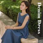 Cutout-back Tie-waist Sleeveless Denim Dress