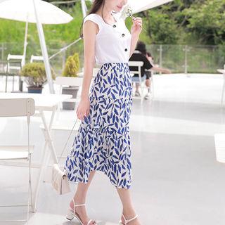 Set: Cap-sleeve Linen Blend Top + Leaf-pattern Long Skirt