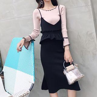 Set: Spaghetti Strap Knit Dress + Long-sleeve Top Set - Almond & Black - One Size