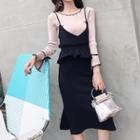 Set: Spaghetti Strap Knit Dress + Long-sleeve Top Set - Almond & Black - One Size