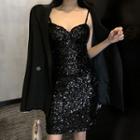 Sequined Spaghetti Strap Dress Black - One Size