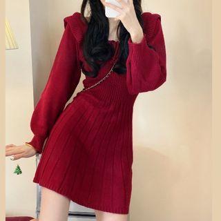 Long-sleeve Bow Detail Mini A-line Dress Red - One Size