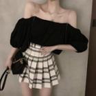 Off-shoulder Elbow-sleeve Top / Plaid Pleated Skirt
