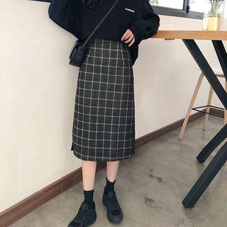 A-line Plaid Slit Midi Skirt
