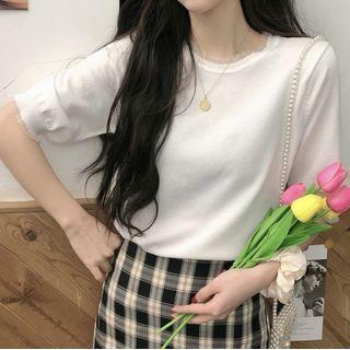 Mesh Trim Short-sleeve Knit Top