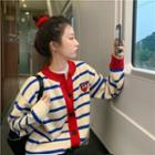 Heart Embroidered Loose-fit Cardigan Almond & Red & Blue - One Size