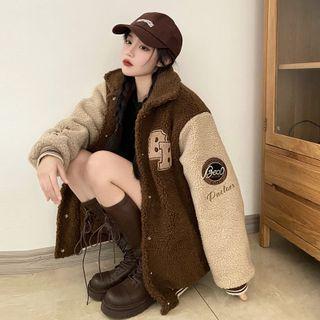 Lettering Snap-button Fleece Jacket