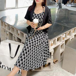 Set: Short-sleeve Blazer + Spaghetti Strap Print Midi A-line Dress