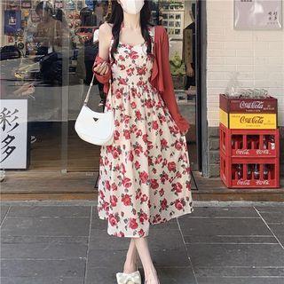 Halter Floral A-line Midi Dress / Cardigan