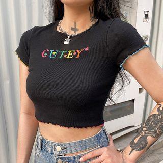 Letter Embroidered Lettuce-hem Short-sleeve Ribbed Cropped Top