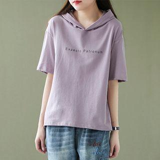 Elbow-sleeve Lettering Print Hooded T-shirt