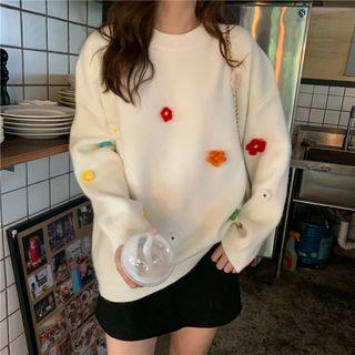 Flower Detail Oversize Long-sleeve Knit Top