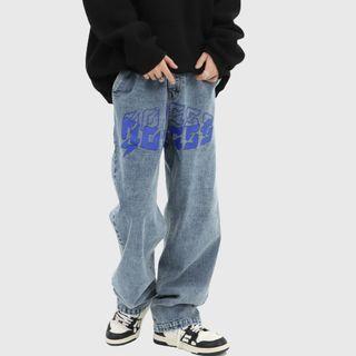 Lettering Print Washed Straight Leg Jeans