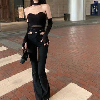 Strapless Top / Arm Sleeves / Cutout Bootcut Jeans / Set