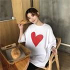 3/4-sleeve Heart Print T-shirt White - One Size