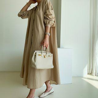 Mandarin-collar Long Shirtdress Beige - One Size