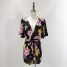 Floral Print Eyelet Lace Trim Short-sleeve Playsuit