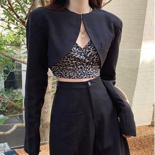 Cropped Blazer / Spaghetti Strap Leopard Print Top / Midi Skirt