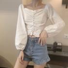 Puff-sleeve Shirred Cropped Blouse