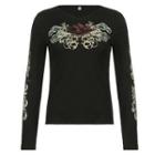 Long-sleeve V-neck Graphic Print T-shirt