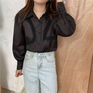 Long-sleeve Embellished Blouse Black - One Size