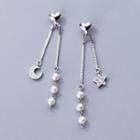 925 Sterling Silver Faux Pearl Moon & Star Dangle Earring Silver - One Size