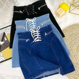 High-waist Lace-up Denim Mini A-line Skirt