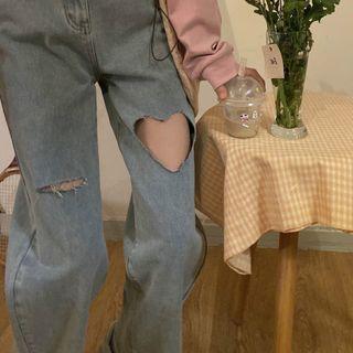 Heart Distressed Wide Leg Jeans
