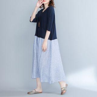 Color Block 3/4-sleeve Maxi A-line Dress