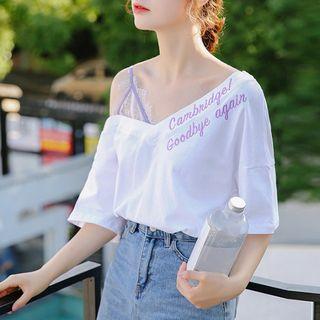 Letter Embroidered Off Shoulder Elbow Sleeve Blouse