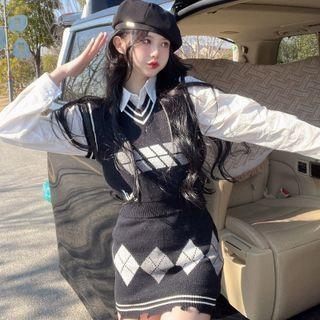 Plain Shirt / V-neck Sweater Vest / Argyle Knit Mini Pencil Skirt