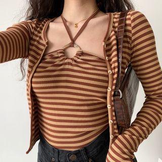 Set : Sleeveless Striped Halter Camisole + Long-sleeve Striped Cardigan