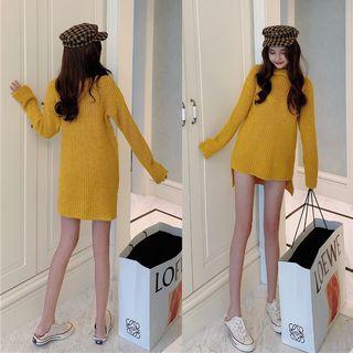 Distressed Mock-turtleneck Rib Knit Sweater Curcumin - One Size