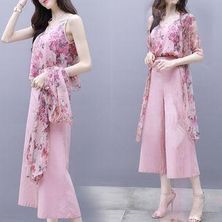 Set: Floral Print Camisole Top + Wide Leg Cropped Pants + Light Jacket