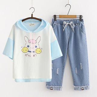 Hooded Printed Short-sleeve T-shirt / Drawstring Straight-cut Jeans / Set