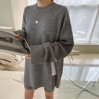 Slit-hem Ribbed-knit Oversize Top